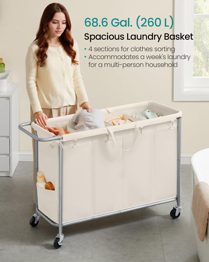 SONGMICS Laundry Basket with Wheels, 4-Section Rolling Laundry Hamper, 68.6 Gallons (260 L)
