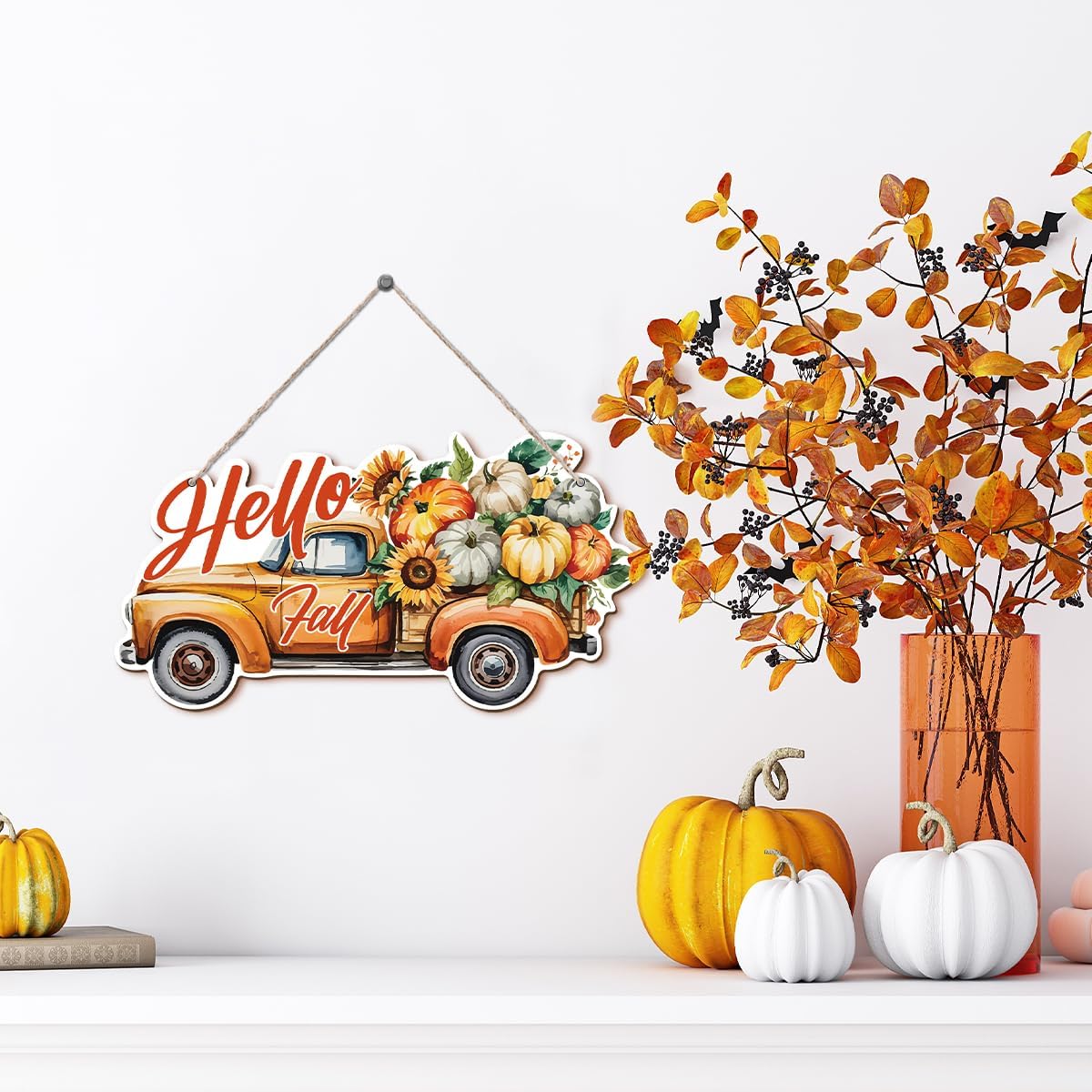 Hello Fall Wood Hanging Truck Decoration, Autumn Wooden Signs, Rustic Thanksgiving Decoration, Home Interior And Exterior Decor, Autumn Harvest Thanksgiving Home Decor
