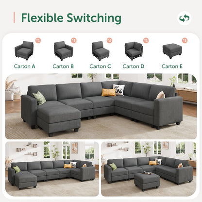HONBAY Corduroy Sectional Sofa with Storage, U Shape Modular Sectional Sofa with Chaise, Modular Couches for Living Room, Dark Gray