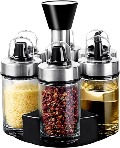 Mlici Oil and Vinegar Dispenser Set of 6 Bottles, Stainless Steel Salt Pepper Holder with 360° Rotating Holder, Cruet Soy Sauce - Premium Glass Condiment for Kitchen, Tabletop, Kitchen Containers