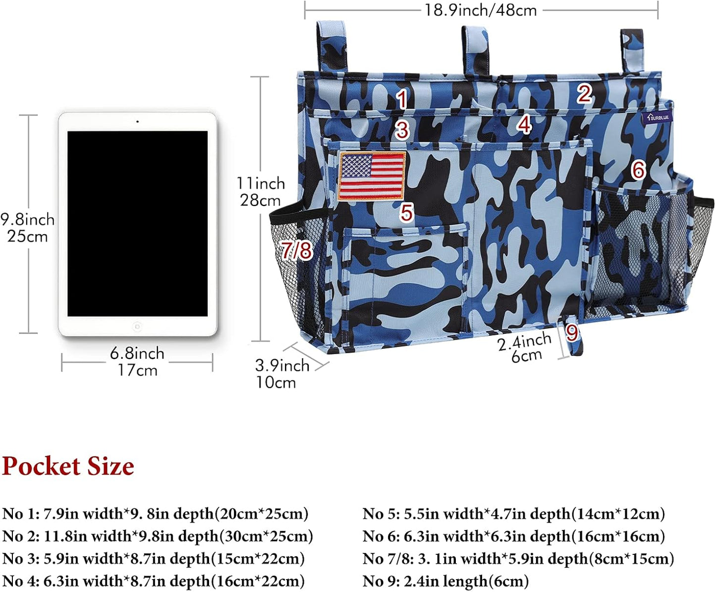 Surblue Bedside Caddy Hanging Organizer Storage Bag Pocket for Bunk, Hospital, College Dorm Rooms, Baby Bed Rails, Camp - 8 Pockets, Large, Ocean