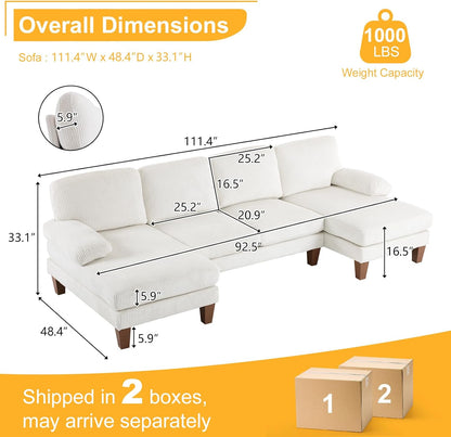 Karl home U-Shape Sectional Sofa Couch 111" Modern 4-Seat Sofa with Chaises Corduroy Fabric Upholstered Covertible Couch with Wood Grain Legs for Living Room, Reception Room, Apartment, Beige