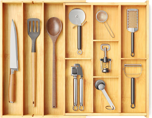 SpaceAid Bamboo Utensil Drawer Organizer with Labels, Kitchen Silverware Expandable Tray Holder Organizer for Flatware, Cutlery, Spoon and Knives Drawer Storage Organization (Natural)