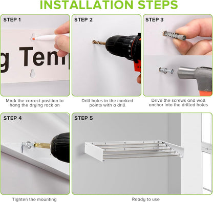 Wall Mounted Laundry Drying Rack, Retractable Clothes Drying Rack for Bathroom with Wall Template, 5 Stainless Rods Heaving 60 lb Capacity (White, 31.5")