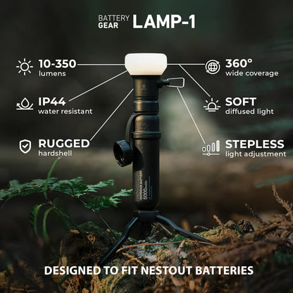 ELECOM NESTOUT Outdoor Camping LED Lantern w/ Mini Tripod, Dimmable USB Powered Soft LED Light, IP44 Water Dust Resistant, 10-350 Lumen, Portable Lamp for NESTOUT Power Bank, Black (LAMP-1)
