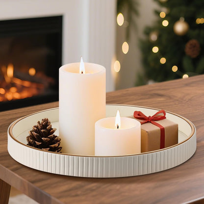 KINGFOM Decorative Serving Tray, PU Leather Valet Nightstand Desk Organizer for Men Women, Round Tray Decor for Coffee Table/Home Decor, Modern Decorative, Centerpiece (Ivory White)