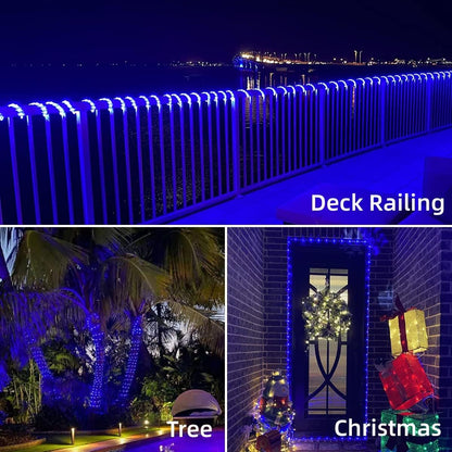 YEGUO 2 Packs Each 33ft 100 LED Solar Rope Lights Outdoor Waterproof, Solar Pool Light Blue, 8 Modes Solar Fairy Lights in Clear Thin Tube Outside for Camping Fence Patio Garden Trampoline Deck