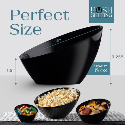 Posh Setting Black Plastic Serving Bowls Disposable - Angled Bowls - Angled Candy Bowl - Plastic Snacks & Chip Bowls for Parties - Black, Gold & Clear, White Serving Dishes, 8 OZ, 5 Pack