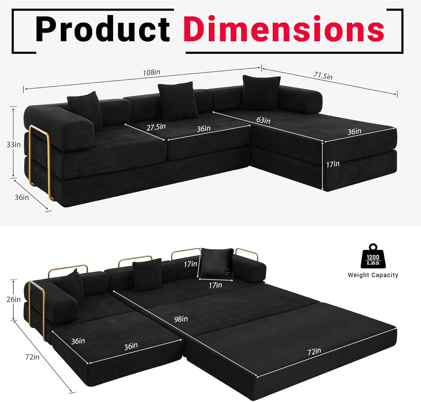 108" Oversized Convertible Sleeper Sofa Bed, Corduroy L Shape Sectional Couch, Folding Sofa Bed with Side Pocket, Modern Cloud Floor Mattress Couch, Modular Sofa for Living Room, Black
