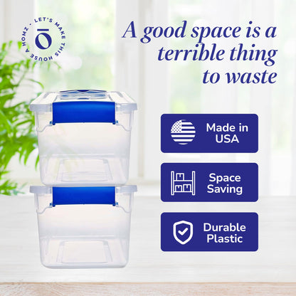 HOMZ Clear Plastic Storage Bins w/Latching Lid, 7.5 Qt, Blue, 5 Pack