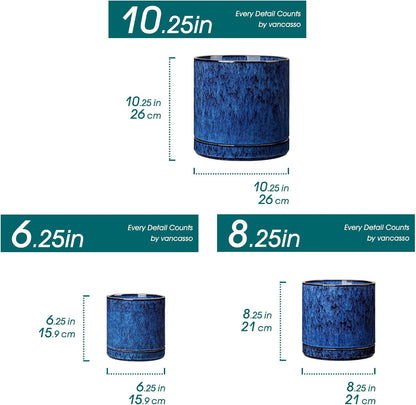 vancasso Ceramic Planters, Plant Pots for Indoor Plants, 6.25+8.25+10.25 Inch Ceramic Pots for Plants, Flower Pots with Drainage Holes (Blue, 6.25+8.25+10.25 Inch)