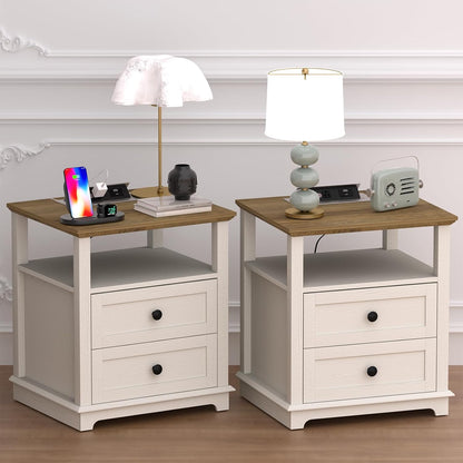HIFYOBRO Large End Table Set of 2, Flip Top Charging Station and 2 Drawers, Type-C & USB Port & Power outlets, Wooden Storage Cabinet, Side Table with Storage for Living Room and Bedroom (White)