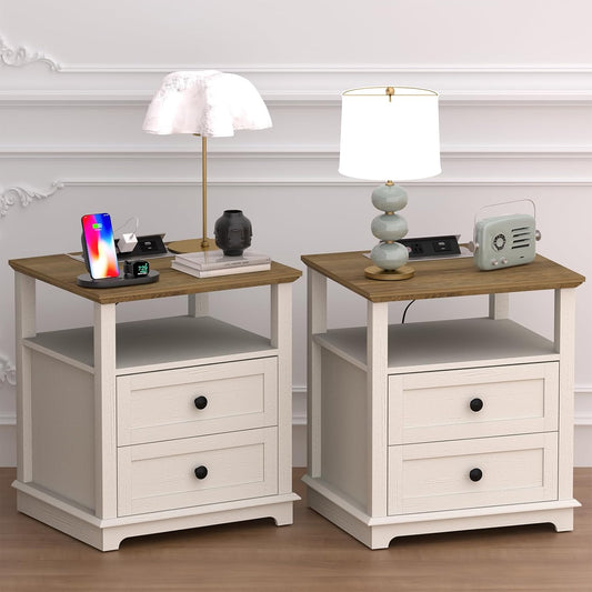 HIFYOBRO Large End Table Set of 2, Flip Top Charging Station and 2 Drawers, Type-C & USB Port & Power outlets, Wooden Storage Cabinet, Side Table with Storage for Living Room and Bedroom (White)