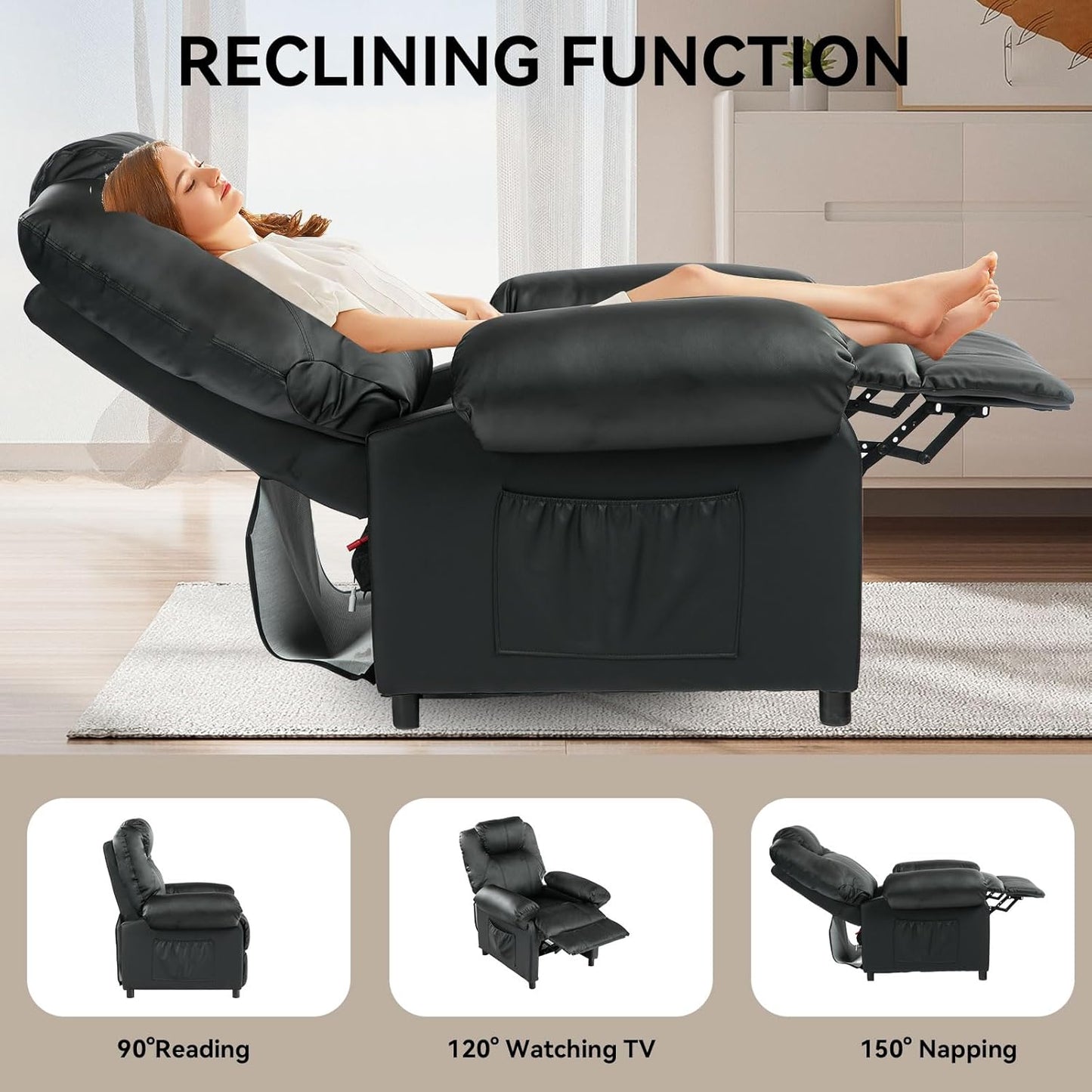 KCREAM Massage Recliner Chairs with Heat,PU Leather Overstuffed Recliner Chairs Living Room Chairs for Adults with Side Pockets,Padded Backrest and Thick Seat Cushion,Home Theater,Black