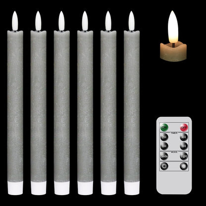 GenSwin Flameless Grey Taper Candles Flickering with 10-Key Remote, Battery Operated Led Warm 3D Wick Light Window Candles Real Wax Pack of 6, Christmas Home Wedding Decor(0.78 X 9.64 Inch)