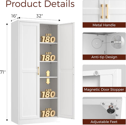 71" Tall Metal Pantry Cabinet, White Kitchen Pantry Storage Cabinet with 4 Adjustable Shelves and Gold Handles, Cupboard for Kitchen, Dining Room, Living Room, Bathroom