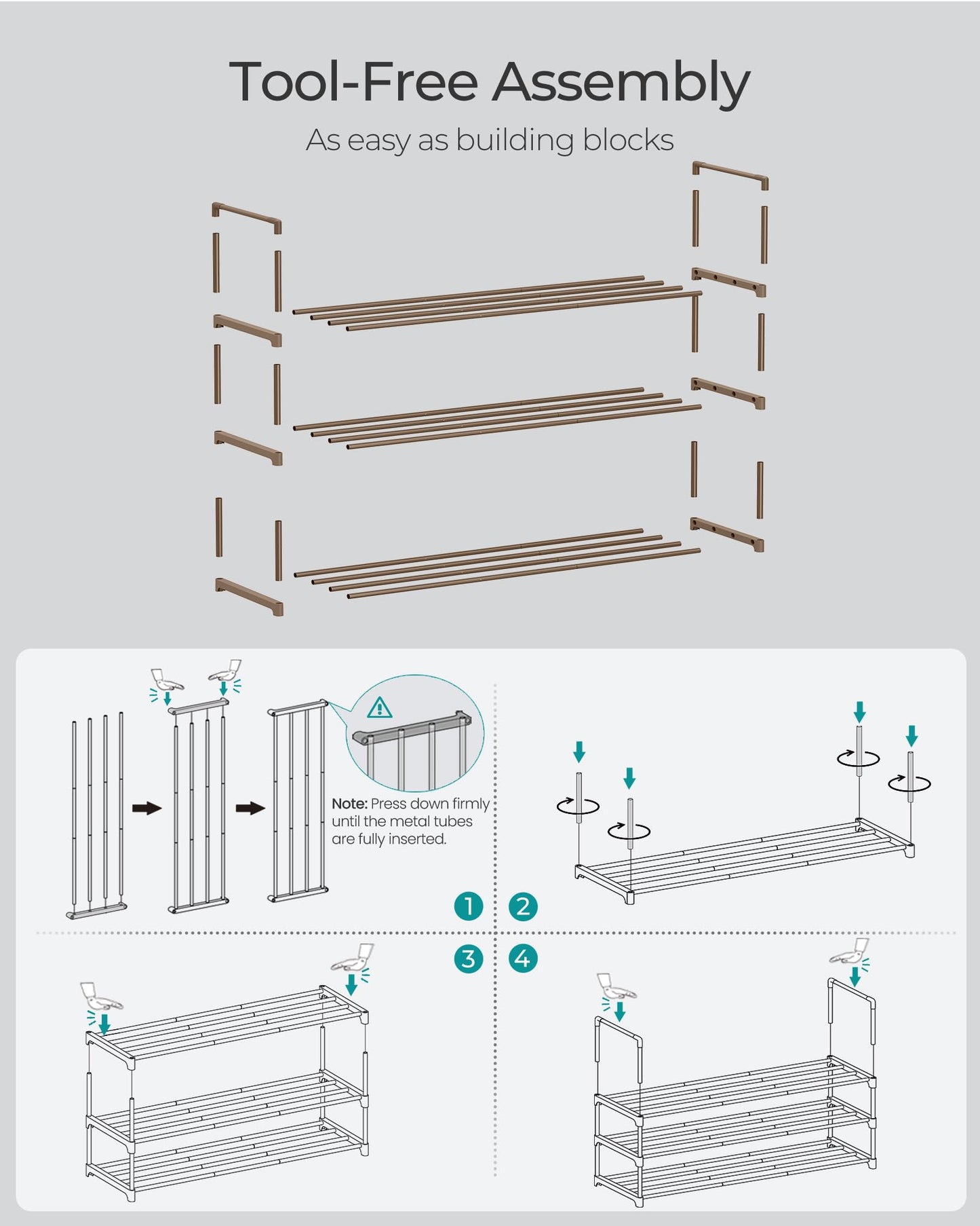 SONGMICS Shoe Rack, 3-Tier Shoe Organizer, Metal Storage Shelf, Upright or Upside Down, for 16-20