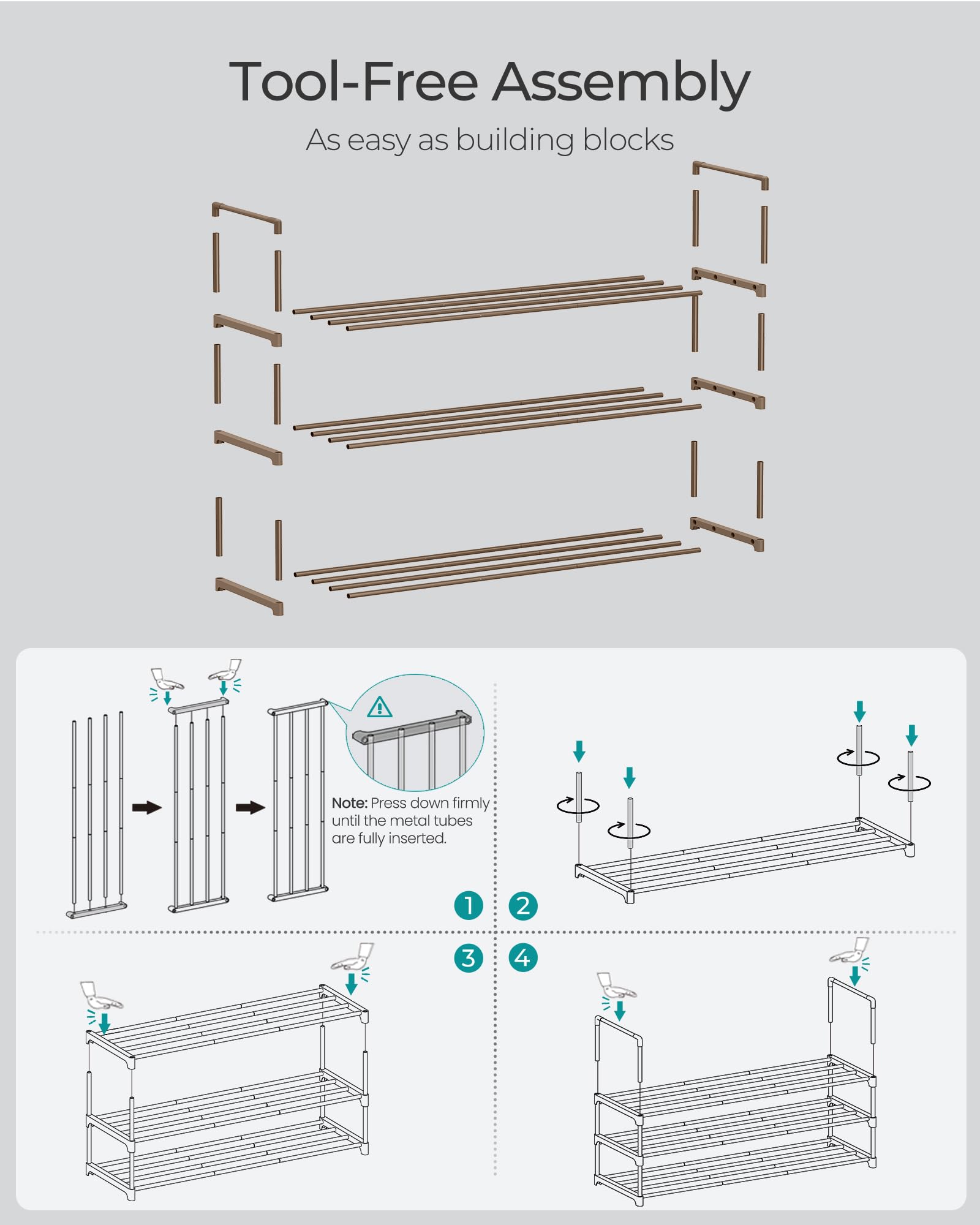 SONGMICS Shoe Rack, 3-Tier Shoe Organizer, Metal Storage Shelf, Upright or Upside Down, for 16-20