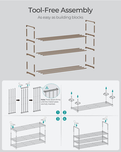 SONGMICS Shoe Rack, 3-Tier Shoe Organizer, Metal Storage Shelf, Upright or Upside Down, for 16-20