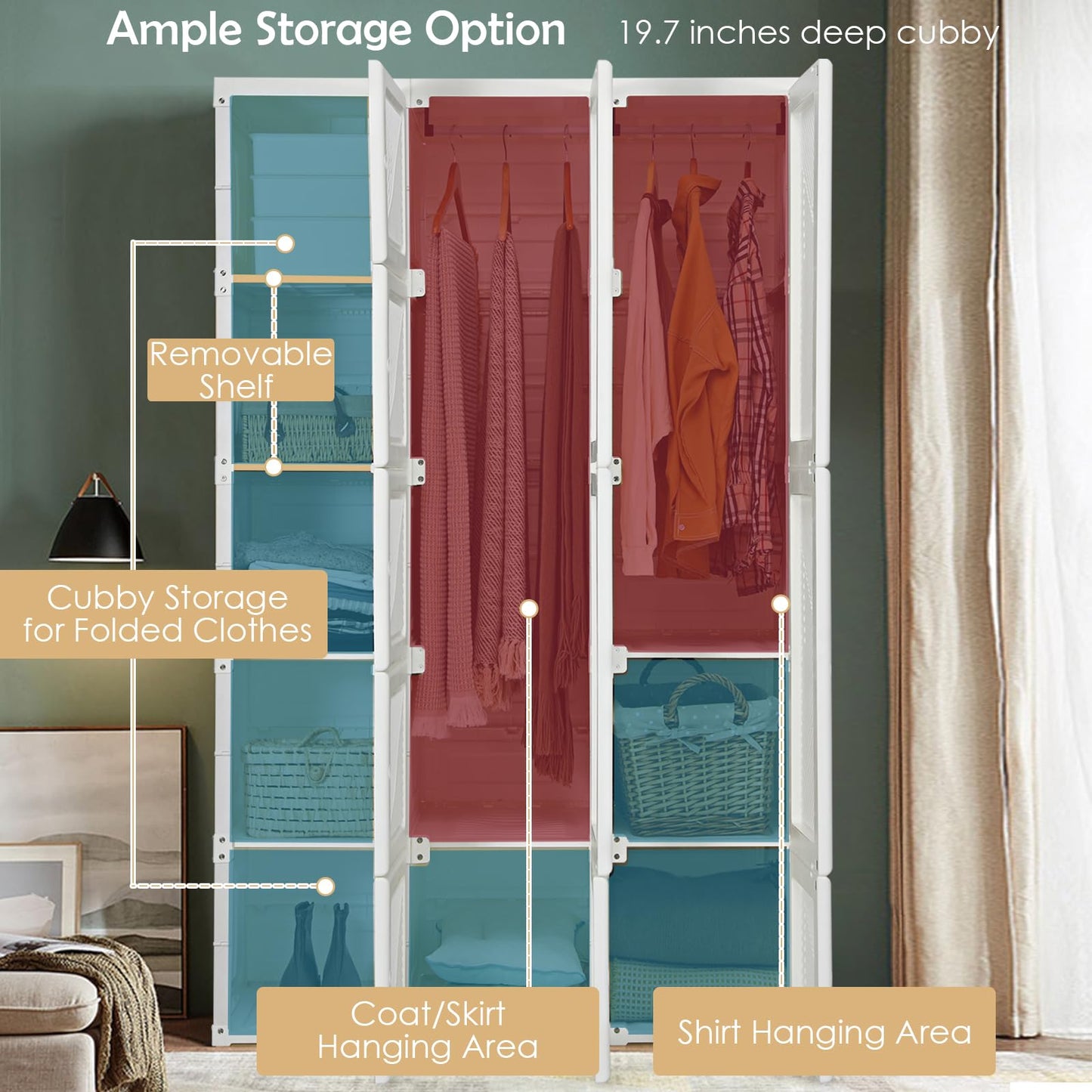Tangkula Portable Closet Wardrobe, Foldable Clothes Organizer with Cubby Storage, Hanging Rods