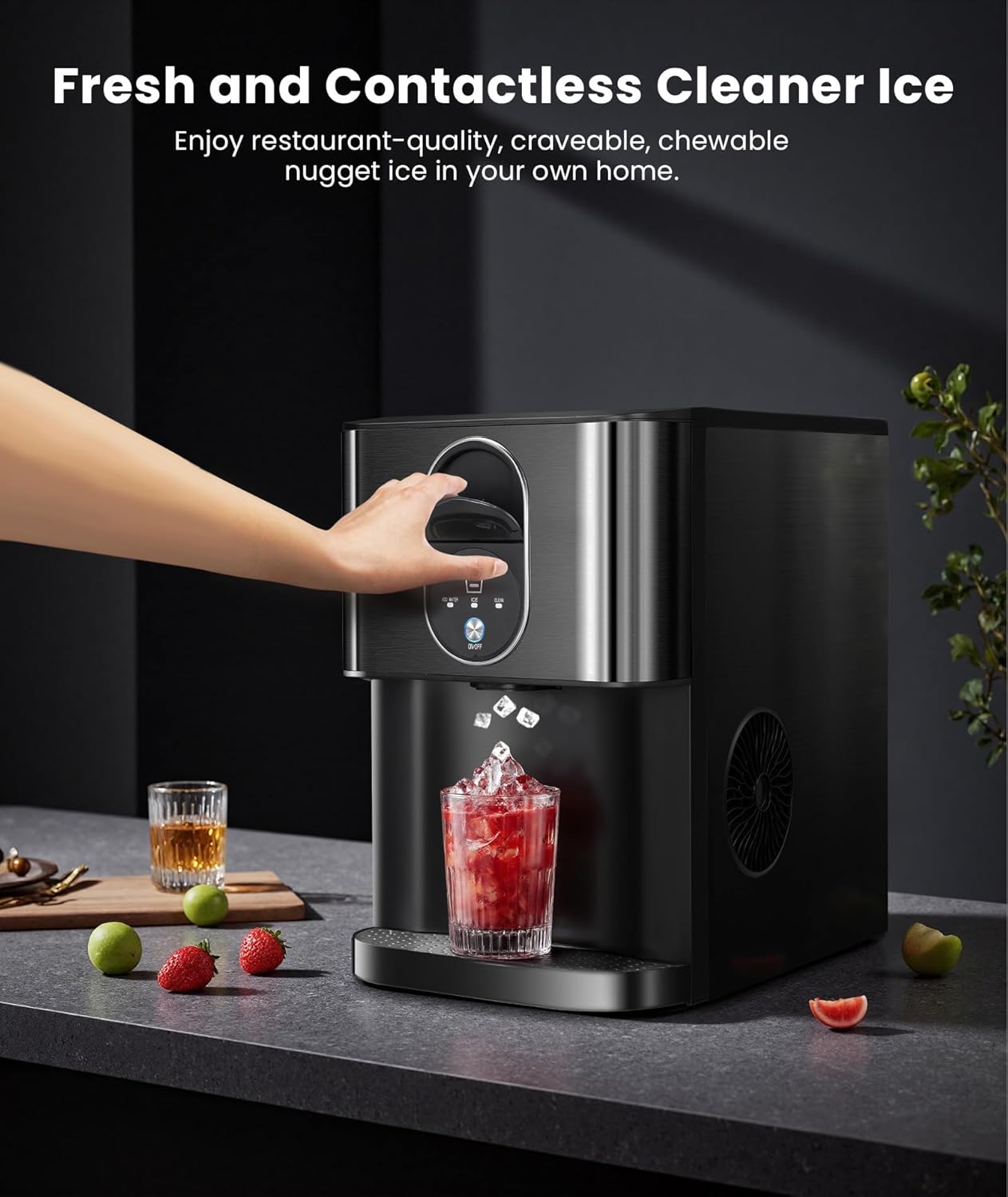 Nugget Ice Maker Countertop, 44lbs/24H Soft Chewable Pellet Ice Maker Machine Dispenser with Water Reservoir, Self-Cleaning, Pebble Ice Machine for Home Kitchen, Office, Black Stainless