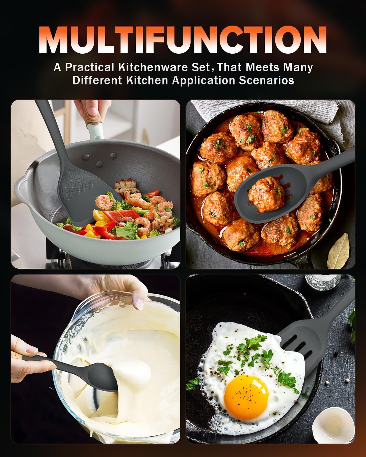 Silicone Cooking Utensils Set, Perfectly Angled for Frying, Mixing,Serving,Draining,Turning and Stirring, BPA-Free Matte Silicone, Wood Handles, Safe for Nonstick Cooking Surfaces,4 Pack (Grey)