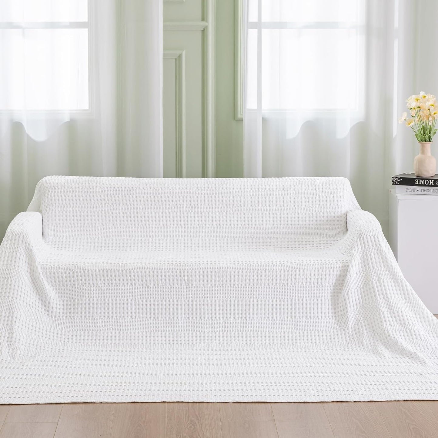 PHF Cooling Waffle Blanket California King Size, Lightweight 60% Rayon Derived from Bamboo & 40% Cotton Breathable Blanket for Hot Sleepers, Soft and Luxury for Bed Couch and Sofa, 110"x96", White