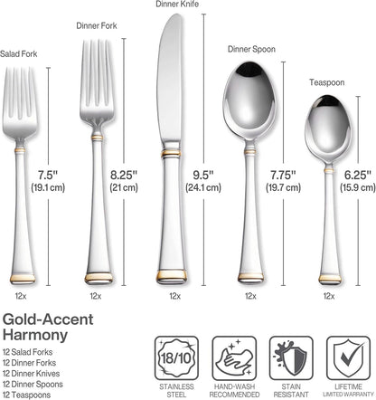 Mikasa Gold Accent Harmony Flatware Set for 12, 65 Piece 18/10 Stainless Steel Silverware with Gold-Trimmed Handles and Serving Utensils, Elegant Dinnerware Service