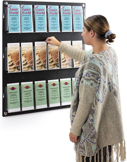Displays2go Wall Mount Acrylic Brochure Holder, 9-18 Adjustable Pockets, Tiered Design - Black (2RP9BLK)