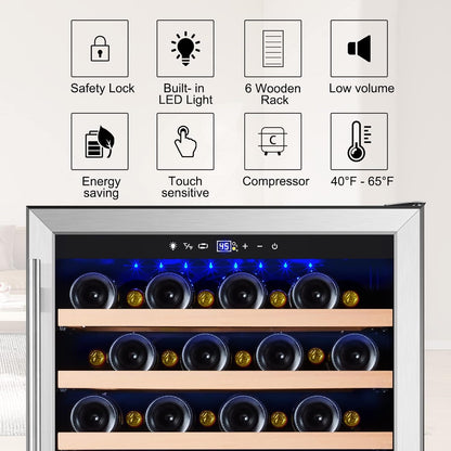 Tylza 24 Inch Wine Cooler Refrigerator, 51 Bottle Built-in or Freestanding, 24'' Fridge with Stainless Steel & Double Layer Tempered Glass Door and Temperature Memory Function