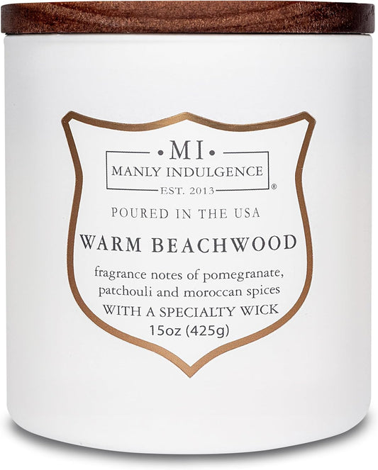 Manly Indulgence Warm Beachwood Scented Candles for Men, 15 oz Wooden Wick, Premium Soy Blend Wax