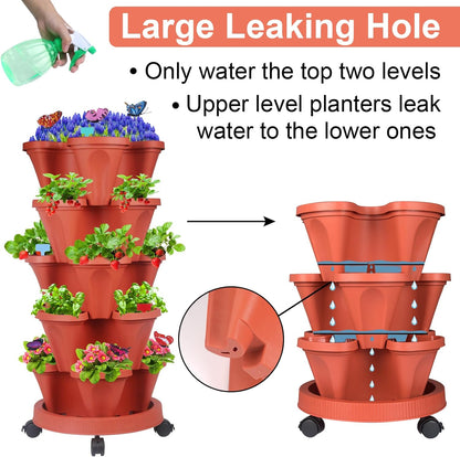 Vertical Planter, 5 Tier Stackable Strawberry Planter with Garden Tool Set, Movable Indoor/Outdoor Garden Herb Pot for Growing Vegetables and Succulents, Red