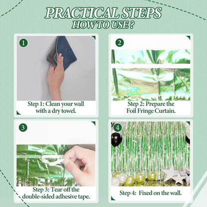 3 Pack Foil Fringe Backdrop - Light Green Shiny Tinsel Curtains for Party Decoration/Photo Booth Props - 3.3x8.2 FT Metallic Foil Backdrop for Birthday, Wedding, Graduation, Christmas