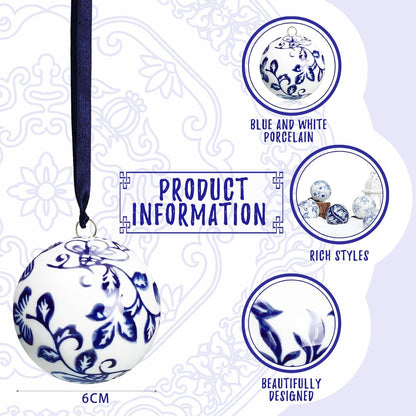 Cindeer 6 Pcs Blue and White Christmas Porcelain Balls 2.4 Inch Porcelain Chinoiserie Ornament Bulk Christmas Ceramic Hanging Decorative for Tree Home Xmas Party (Stylish Style)