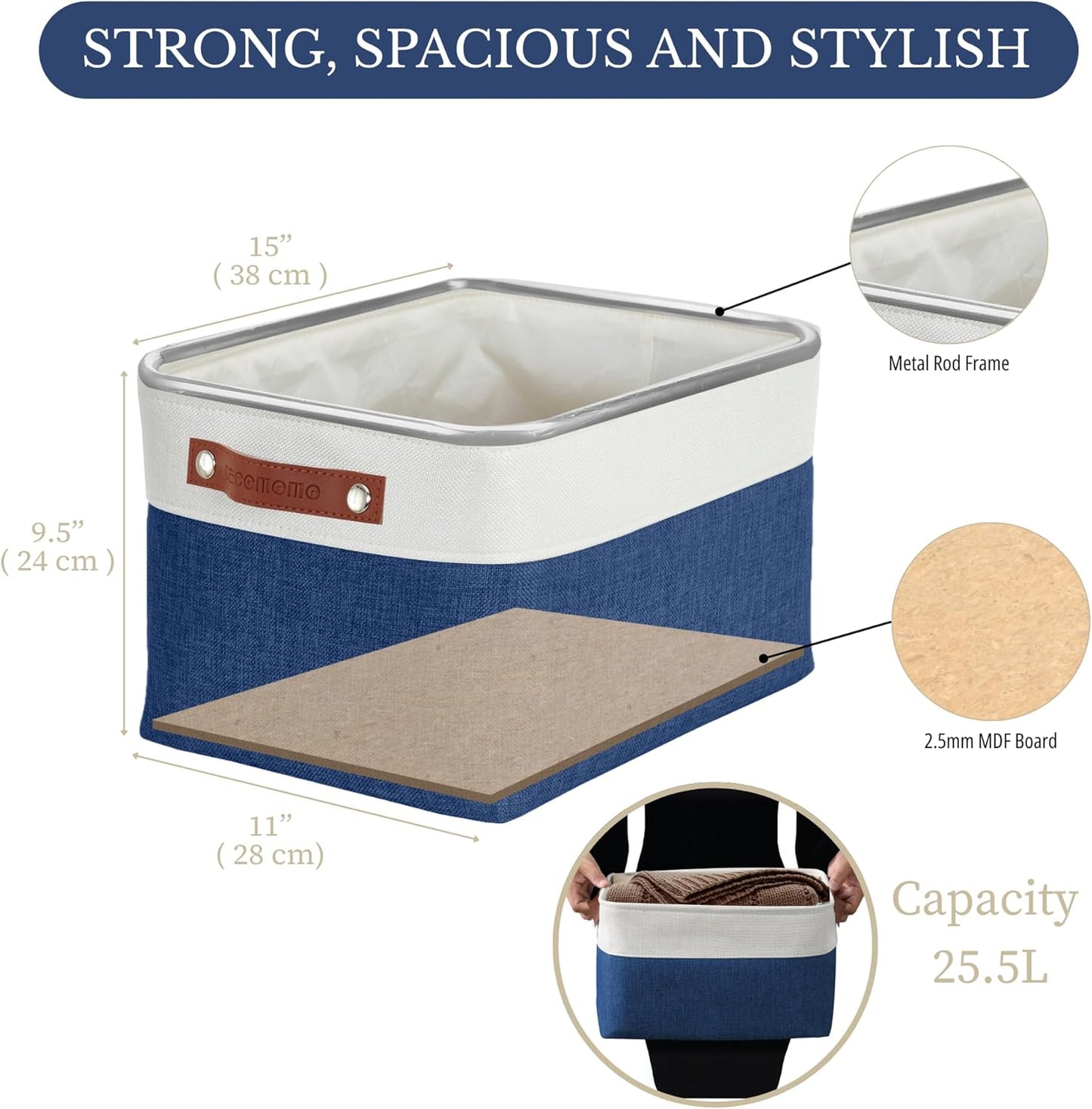 DECOMOMO Storage Bins Fabric Storage Baskets for Shelves, Linen Closet Organization Toys Nursery (Navy Blue and White, Large - 3 Pack)