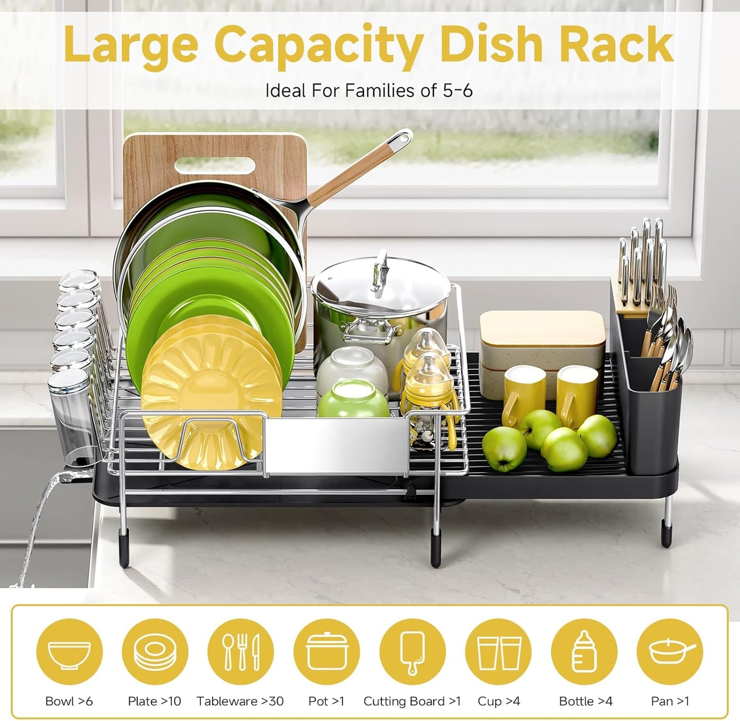 Dish Drying Rack, Expandable Stainless Steel Dish Rack with Drainboard Set Kitchen Sink Organizer for Counter, Large Capacity Kitchen Accessories, Smooth Water Flow