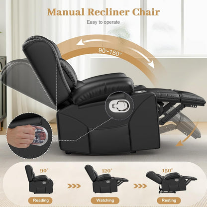 Recliner Chair for Adults, Oversized PU Leather Manual Pull Tab Reclining Chair with Cup Holders, Minimalist Style Single Sofa for Living Room, RV (Black)