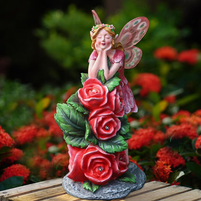 Solar Garden Outdoor Statues Cute Flower Fairy with 7 LED Solar Figurine for Lawn,Patio, Balcony, Yard Unique Housewarming Gift, for Woman, Mom, Grandma