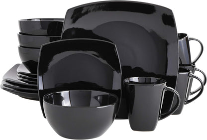 Gibson Elite Soho Lounge Square Reactive Glaze Stoneware Dinnerware Set, Service for 4 (16pc), Black