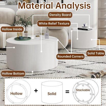 Round Nesting Coffee Table Set of 2 Modern Cream Fluted Coffee Table Small Round End Table Crescent Side Table Circular Coffee Tables Nested Coffee Tables for Living Room (Cream Large)