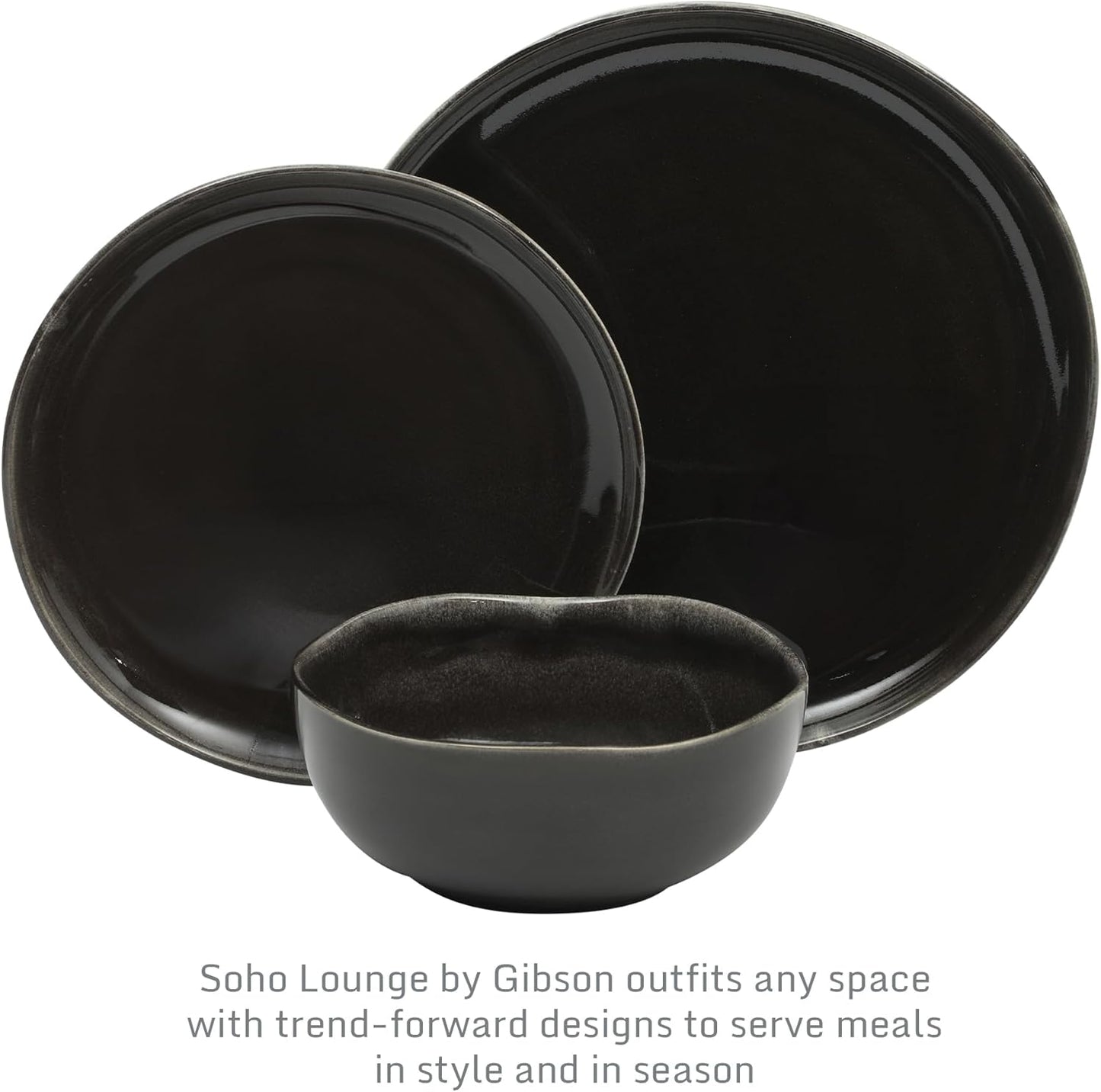 Gibson Elite Nardini 12 Piece (Service for 4) Plates and Bowls Reactive Glaze Dishes Stoneware Ceramic Dinnerware Set - Black