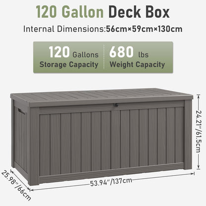 KAMABOKO Outdoor Storage Box, 120 Gallon Large Outdoor Resin Deck Box, Storage Waterproof Boxes Lockable Lid for Garden Tools, Pool Supplies, Patio Furniture and Cushions, Grey