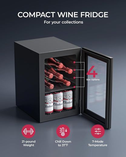 6 Bottles and 6 Cans Compact Beverage Refrigerator, Freestanding Mini Fridge with Temperature Control for Beer Wine, Under Counter Small Refrigerator Adjustable Shelve & Glass Door for Home and Bar