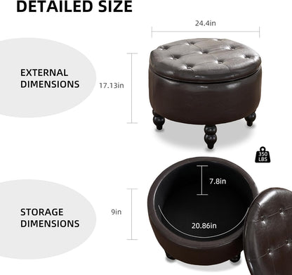 PU Leather Round Ottoman with Storage, Upholstered Tufted Storage Footstool, Modern Wooden Coffee Table for Living Room, Bedroom, Dark Brown(PU)