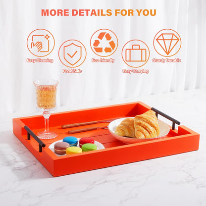 Ottoman With Handle for Living Room - Set of 4 Natural Wooden Coasters - Rustic Serving Tray for Coffee Table - Kitchen Decorative Tray With Handles (Orange)