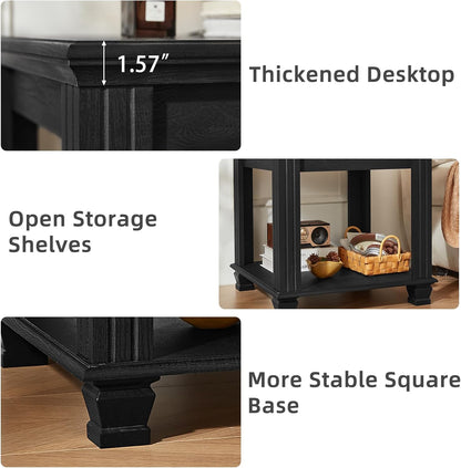 Farmhouse End Table,Large Side Table with 2-Tier Storage Shelf,Rustic Wood End Tables for Living Room,Square Tea Table,Black
