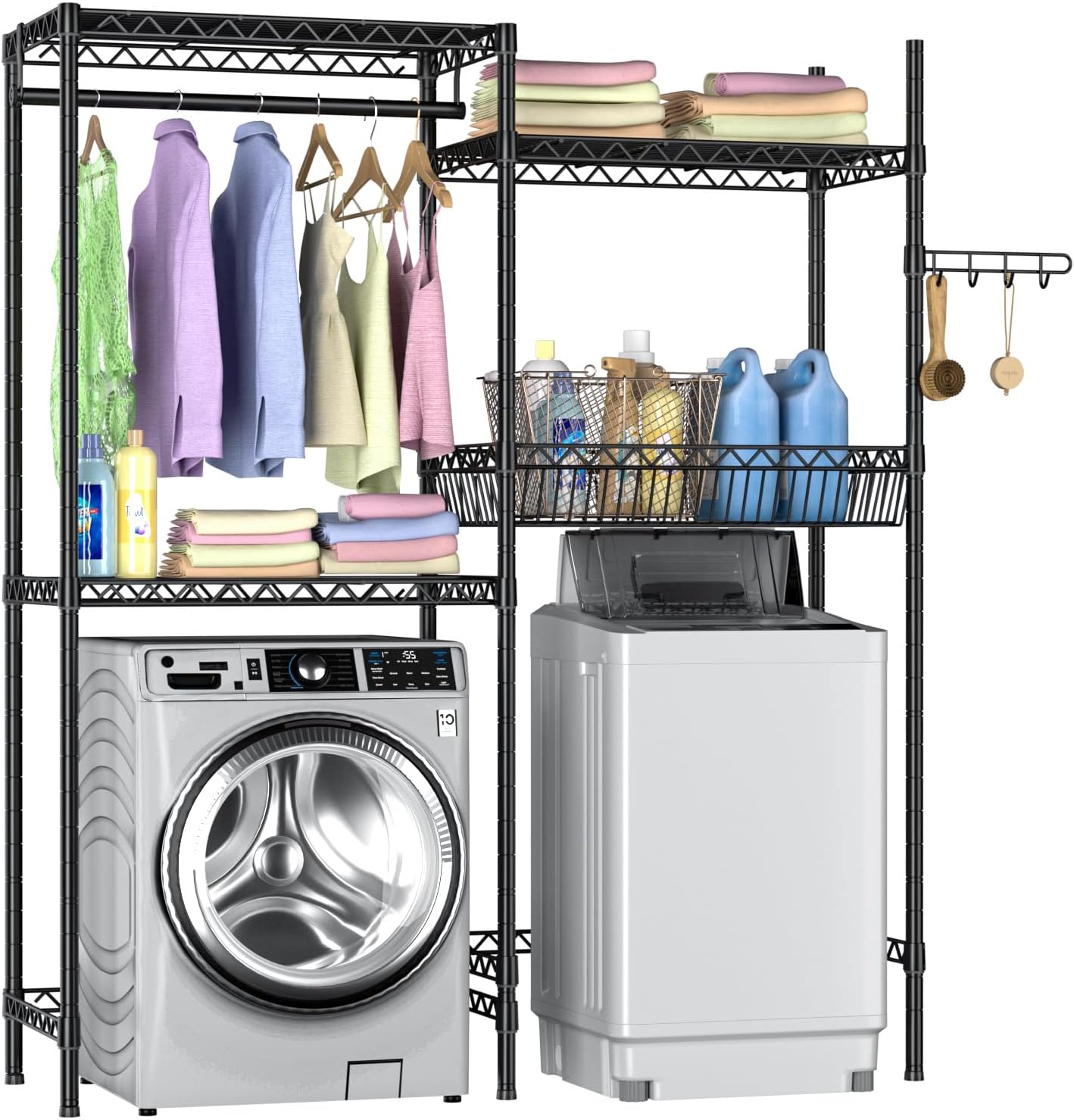 Over Washer and Dryer Shelves,Laundry Room Storage Organization Clothes Drying Rack,4 Tier Adjustable Height Wire Shelving with Wire Basket,Hanger Rod&Hook,Space Saving Shelf