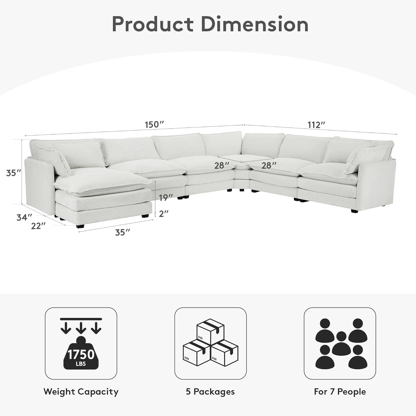 ROWHY 150'' Modular Sectional Sofa Cloud Couch, 7 Seater Big Comfy Corduroy L Shaped Couch with 4 Pillows, Chaise, Ottoman, Deep Seat Sectional Couches for Living Room Office, Light Grey