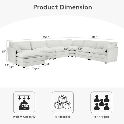 ROWHY 150'' Modular Sectional Sofa Cloud Couch, 7 Seater Big Comfy Corduroy L Shaped Couch with 4 Pillows, Chaise, Ottoman, Deep Seat Sectional Couches for Living Room Office, Light Grey