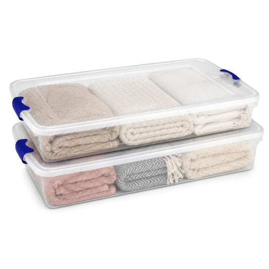HOMZ Under Bed Clear Plastic Storage Bin w/Lid, 60 Qt, Blue Latch, 2 Pack
